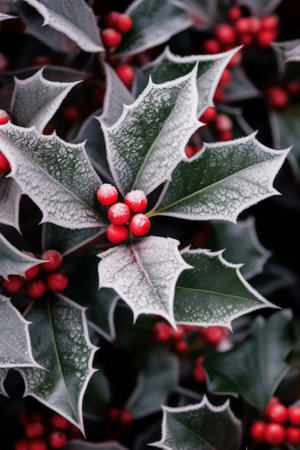 Common Holly bush with spiky leaves and red berries, covered in winter frost, a traditional Christmas decorative plantの素材