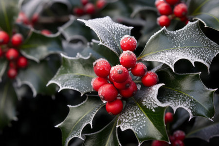 Common Holly bush with spiky leaves and red berries, covered in winter frost, a traditional Christmas decorative plantの素材