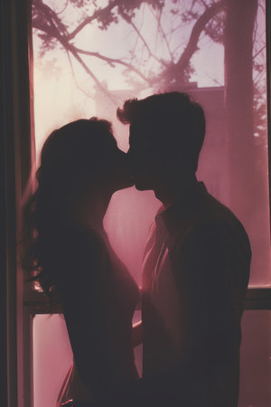 Dreamy analog photo of a couple kissing, soft focus, vintage styleの素材