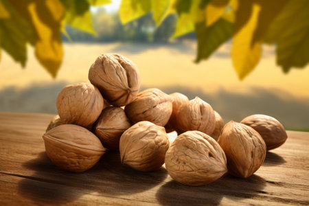 Whole walnuts on a wooden surface on a sunny dayの素材
