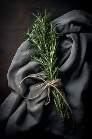 Bunch of rosemary, aromatic cooking herbs tied by ropeの素材