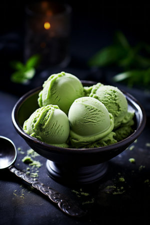 Scoops of matcha ice cream in a bowl on a black background in a moody lightの素材