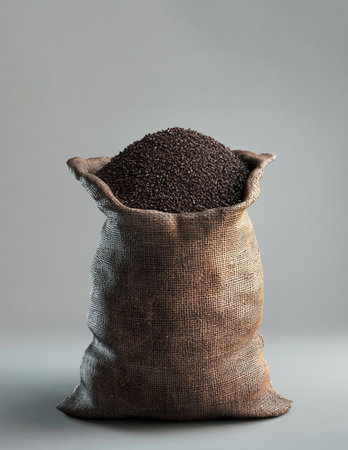 Coffee beans in a burlap bag on grey background.の素材
