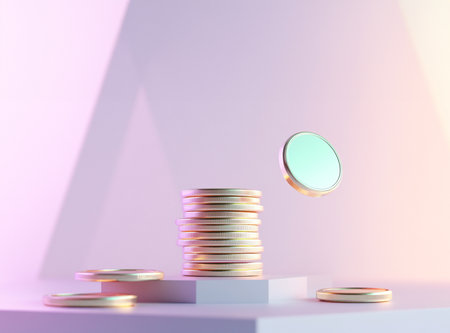 3d render of golden coin stack on podium in pastel colorsの素材