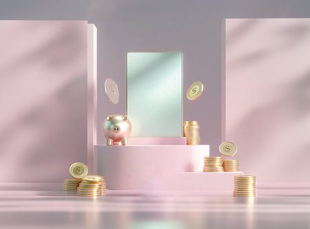 Piggy bank with coins in the room. 3D renderingの素材
