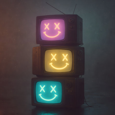 Retro Neon TV Stack with Smiling Facesの素材