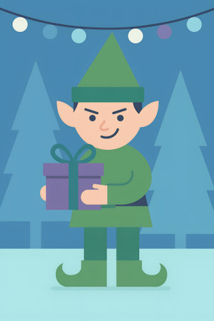 Green Christmas Elf Holding Giftの素材