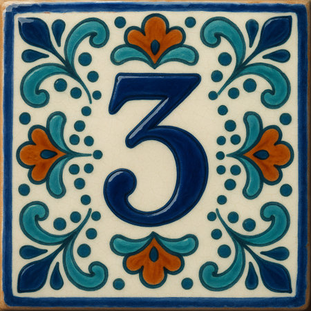 Mexican Ceramic Tile Number 3 â Blue and Orange Floral Talavera House Number Tileの素材