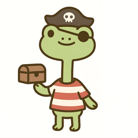 Cute Pirate Frog Character Holding Treasure Chestの素材
