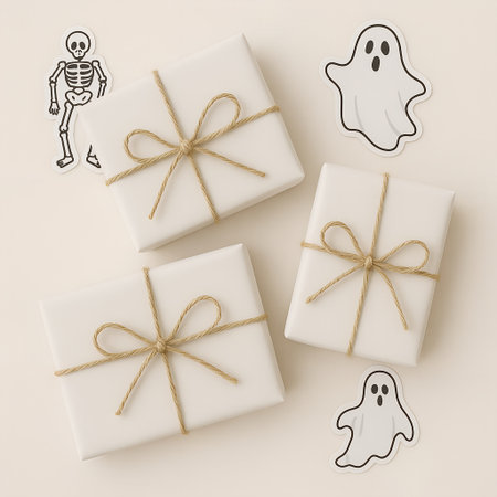 Ghost Halloween Gift Wrapping mockup â Cute Spooky Flat Lay with Ghost and Skeletonの素材