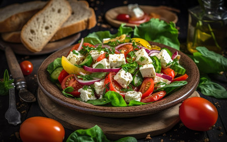Fresh salad with feta cheese, cherry tomatoes, red onion and fresh basil on wooden backgroundの素材