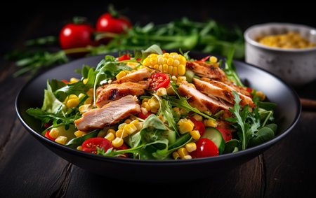 Salad with grilled chicken breast, corn, arugula and cherry tomatoes on dark wooden backgroundの素材