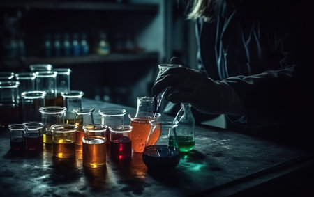 Close up of female scientist working in laboratory. Laboratory glassware containing colorful liquid. science research and development conceptの素材