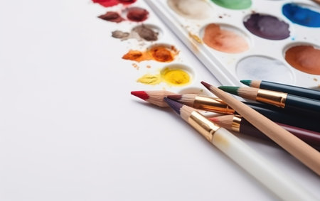 Palette of watercolors and brushes on a white background.の素材