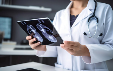 Female doctor holding x-ray image of human fetus in hospital.の素材