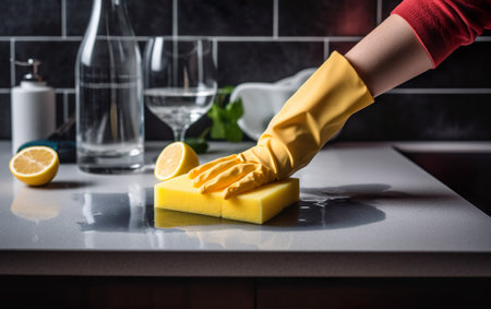 cropped image of woman in rubber gloves cleaning kitchen surface with spongeの素材
