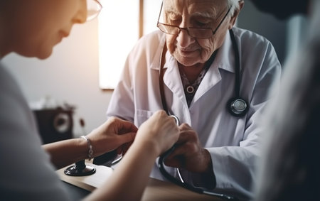 Doctor and patient discussing something while sitting at the table. Medicine and health care concept.の素材