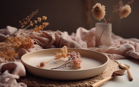 Ceramic plate with dried flowers on wooden table, stock photoの素材