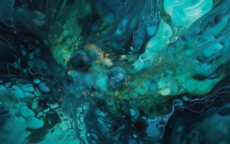 abstract background with blue and green paint splashes and bubbles.の素材