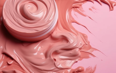 close up of pink cosmetic cream texture on pink background with copy spaceの素材