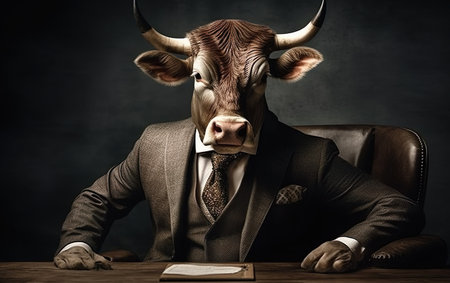 Cow in suit and tie sitting at table with book on dark backgroundの素材