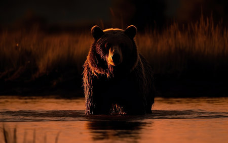 Grizzly Bear in the water at sunset. Kamchatkaの素材