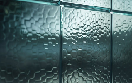 Close-up of a transparent glass wall with a pattern of hexagonsの素材