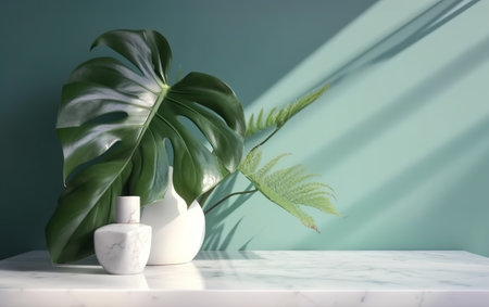 Tropical leaves in vase on white marble table near green wallの素材