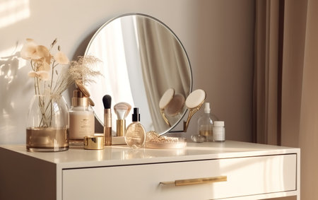 Beautiful mirror and makeup products on dressing table in room. interior designの素材