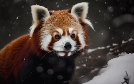 Red panda in the forest during a snowfall in the winterの素材