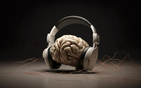 Human brain with headphones on black background. 3D rendering. music conceptの素材