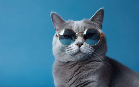Portrait of a british cat wearing sunglasses on blue backgroundの素材