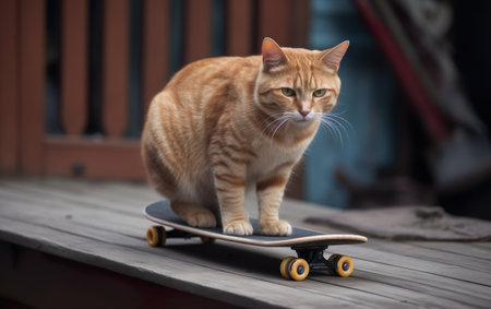 Orange cat on a skateboard. close-up. selective focus.の素材
