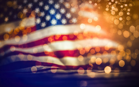 American flag with bokeh background. Independence day and memorial day concept.の素材