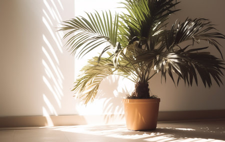 palm tree in a pot on a white wall with shadows from the sunの素材
