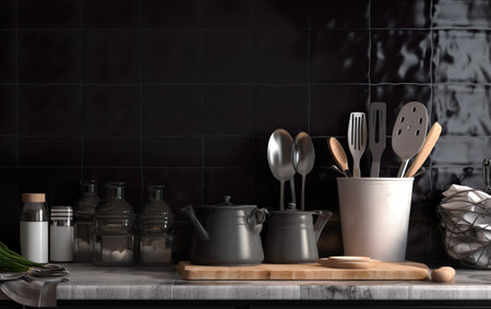 Kitchen utensils on countertop in modern kitchen. Space for textの素材