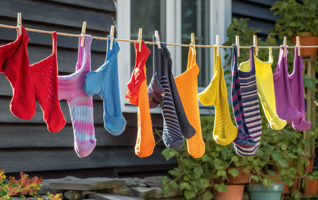 Colorful socks drying on a clothesline outside a house in summerの素材