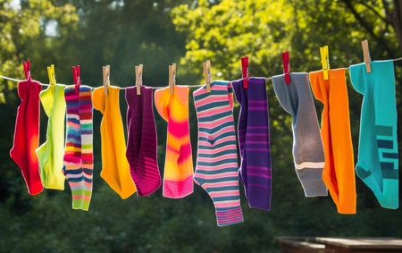 Colorful socks hanging on clothesline in the garden, stock photoの素材