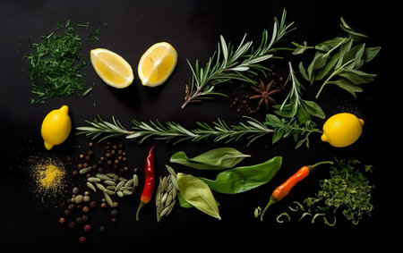 Herbs and spices on black background. Food and cuisine ingredients.の素材