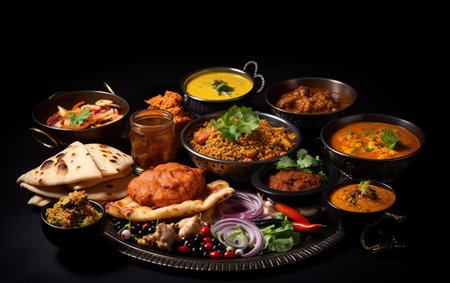 Group of Assorted Indian Lunch/ Dinner dishes including Chicken tikka masala, Dal Makhani, Palak Paneer, Kachori, Palak Paneer, Aloo Roti, Aloo Roti, etc.の素材