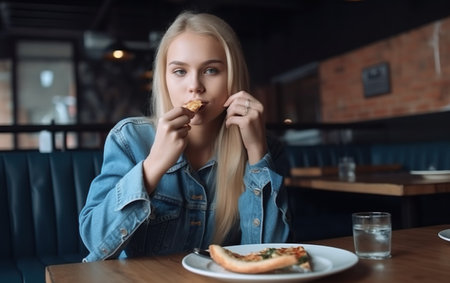 Beautiful girl eating pizza in a cafe. Girl in a denim jacket.の素材