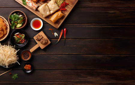 Top view of Asian food set on wooden table background with copy spaceの素材