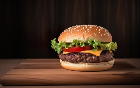 Big tasty cheeseburger on a wooden board with dark background.の素材