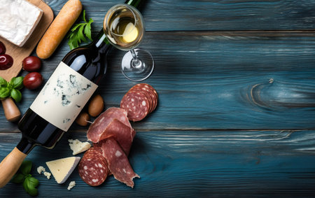 Bottle of red wine, cheese, olives and sausage on wooden backgroundの素材