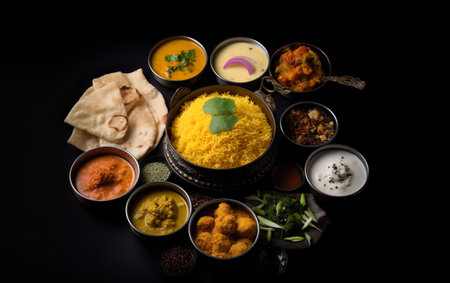 Rangoli of Assorted Indian food in bowl or plate for Diwali or any other festivals, selective focusの素材