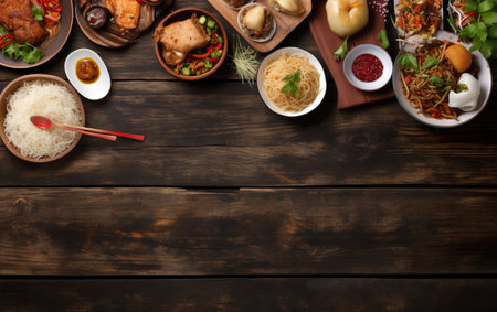 Asian food set on wooden background. Top view with copy space.の素材