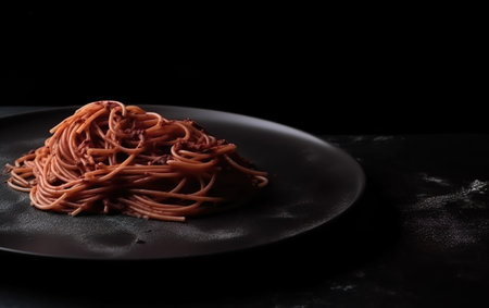 Spaghetti with tomato sauce on a black plate on a black backgroundの素材