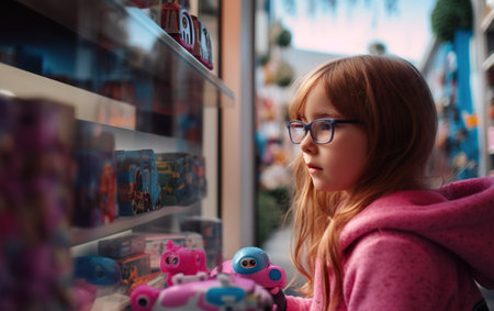 Portrait of a little girl in glasses and a pink coat in a toy store.の素材