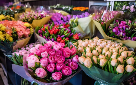 Colorful bouquets of tulips for sale in a flower shopの素材