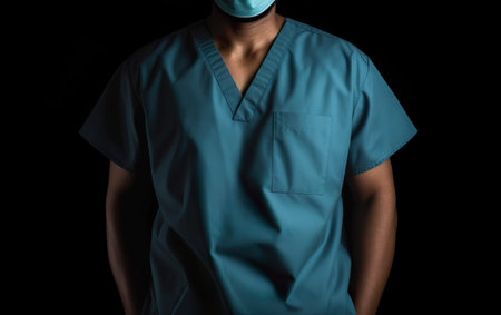 Medical doctor or nurse wearing blue scrubs, isolated on black backgroundの素材